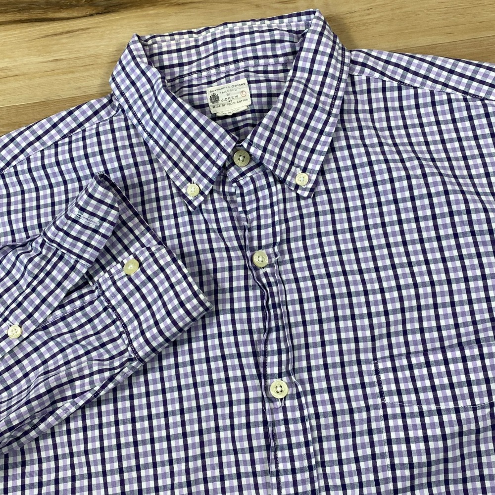 J.Crew Oxford Shirt Mens L Gingham Cotton Tailored Purple White Heritage Classic